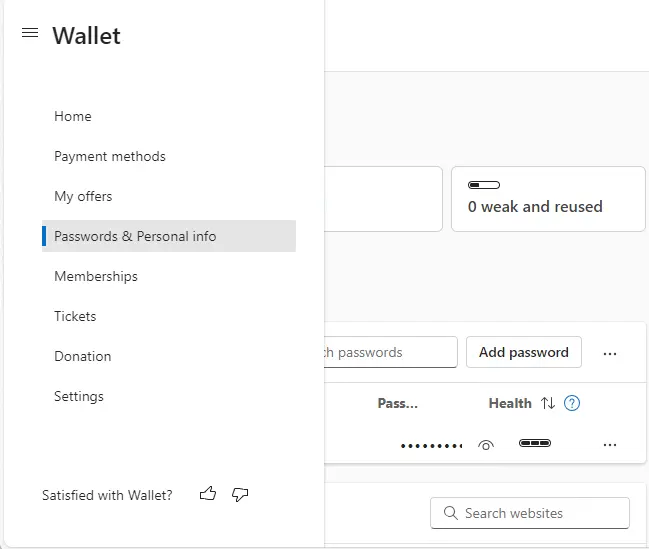 Edge wallet menu