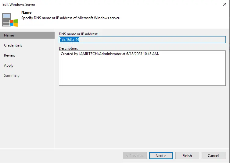 Edit Windows server Veeam