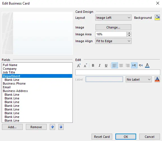 Edit business card in Outlook 365