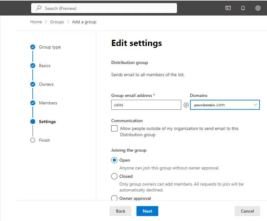 Edit settings distribution list