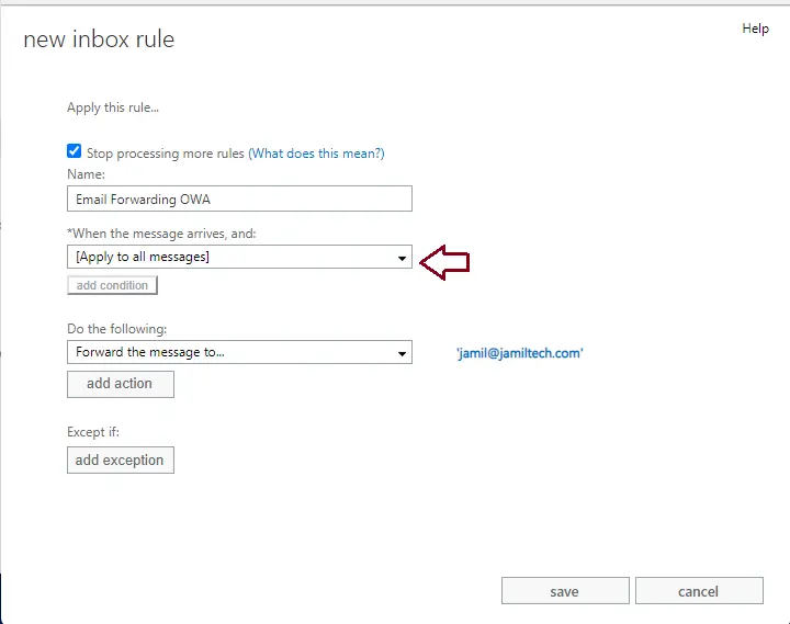 Email forwarding apply this rule