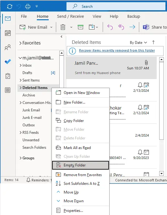 Empty deleted items in outlook