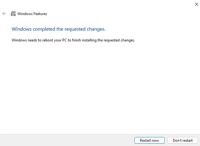 Enable Hyper-V feature restart now