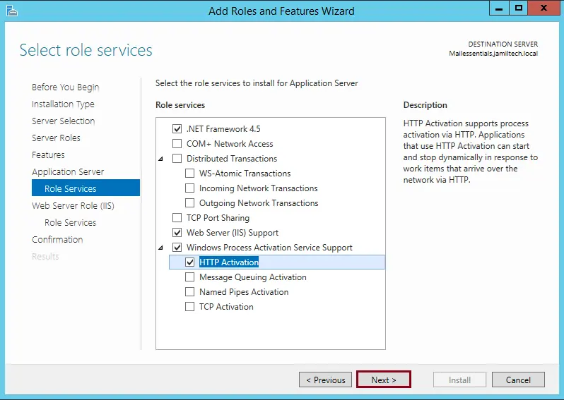 Enable Role services HTTP Activation