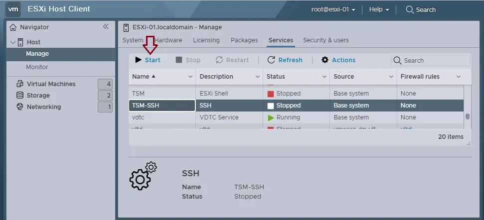 Enable SSH on ESXi host