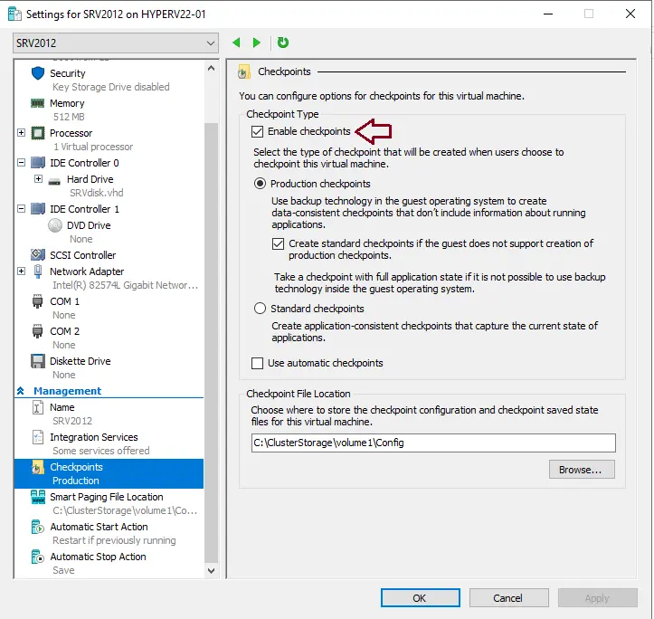 Enable checkpoints in Hyper-V