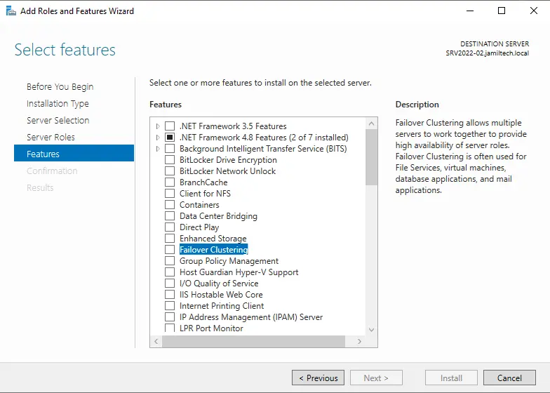 Enable failover clustering features