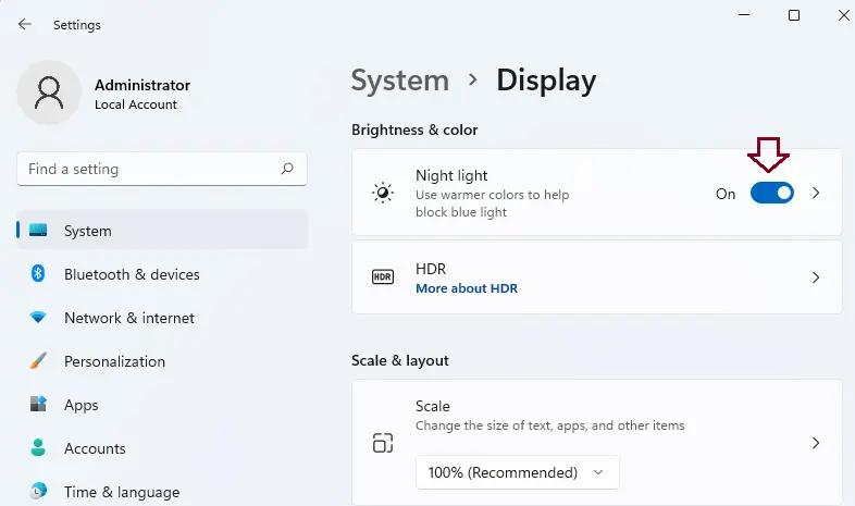 Enable night light in Windows