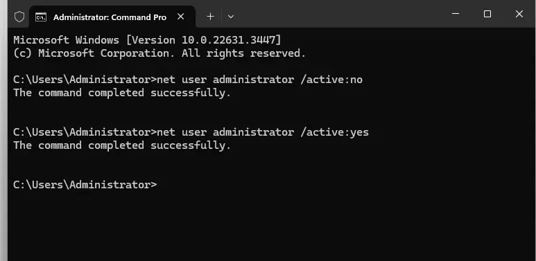 Enable or disable built-in administrator account via command prompt