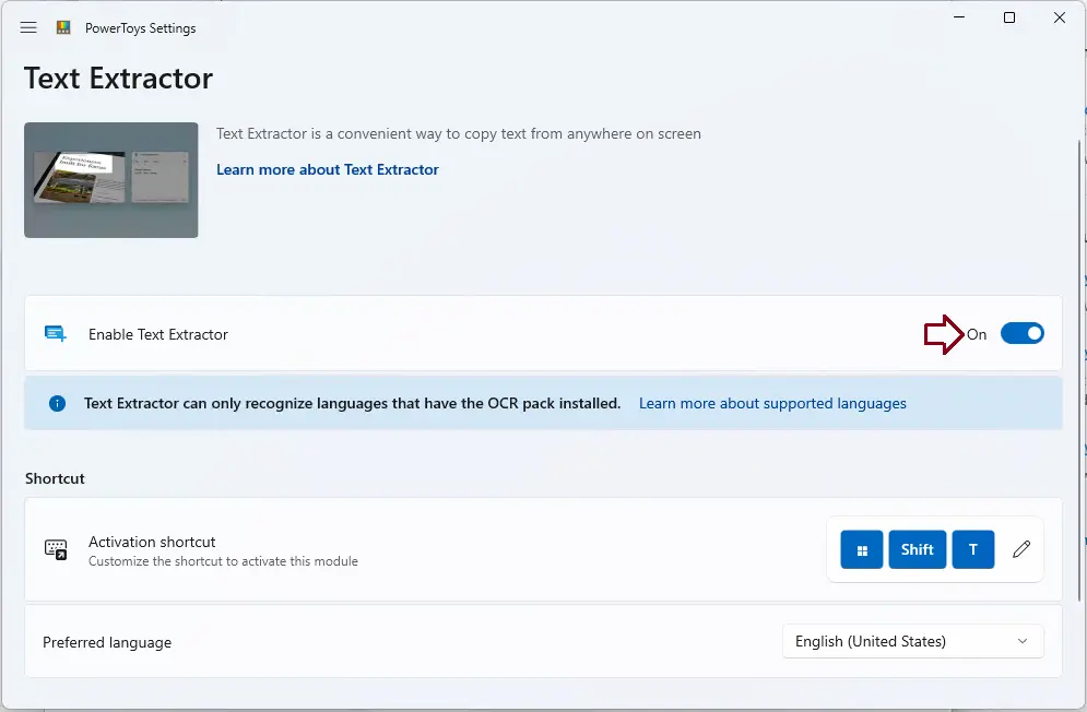 Enable or disable powertoys text extractor