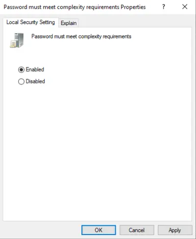 Enable password must meet complexity requirements