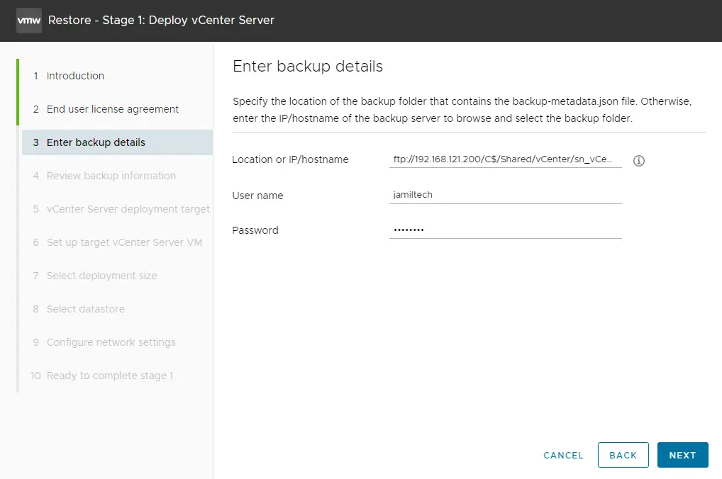 Enter backup details vCenter