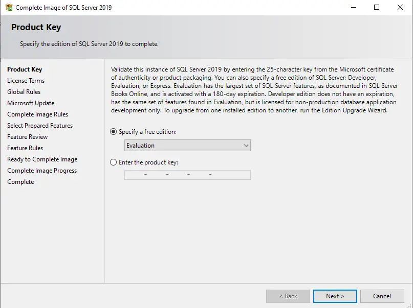 Enter the product key SQL