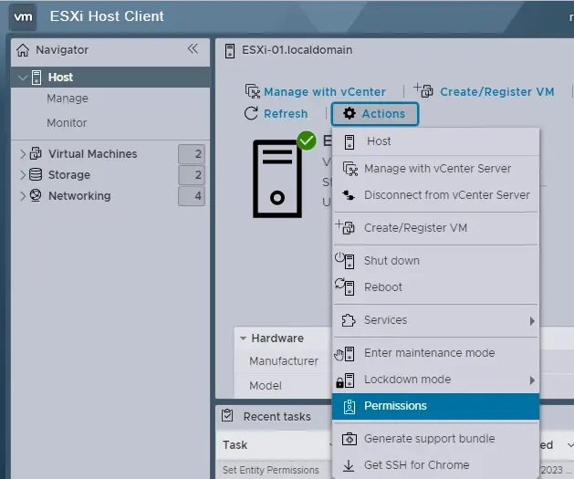 Esxi host client actions menu