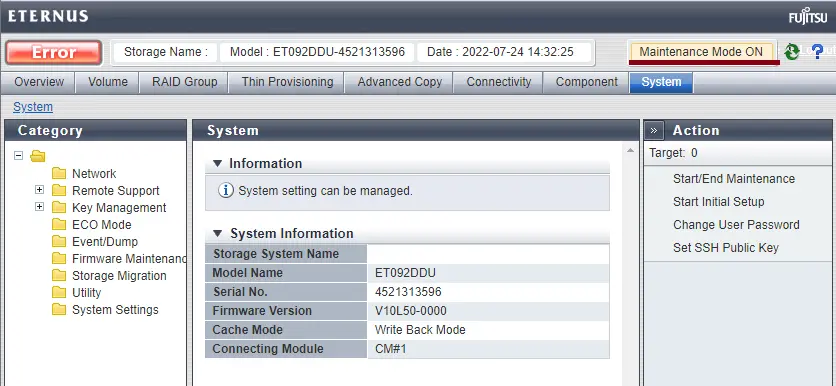 Eternus DX90 Storage maintenance mode on