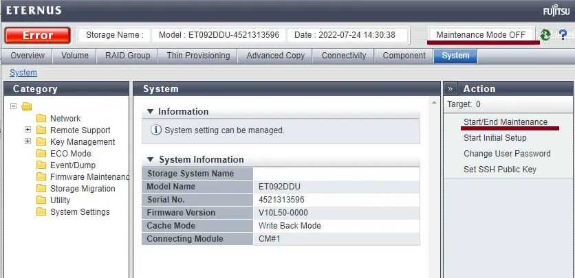 Eternus DX90 enable maintenance mode