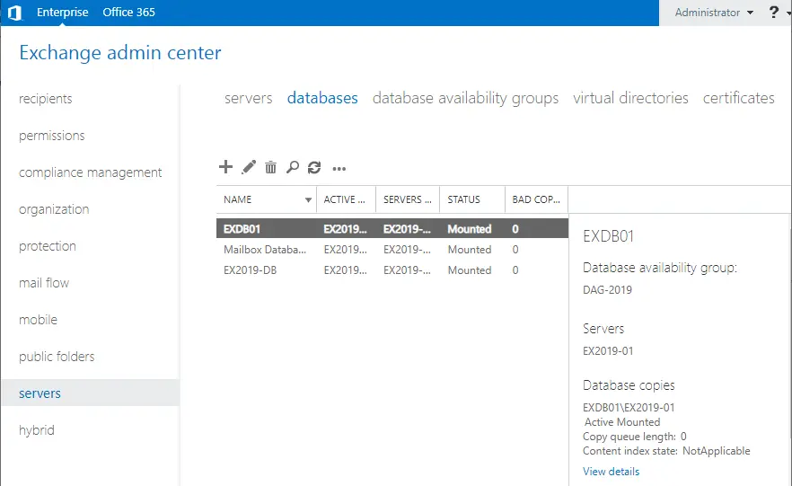 Exchange admin center databases