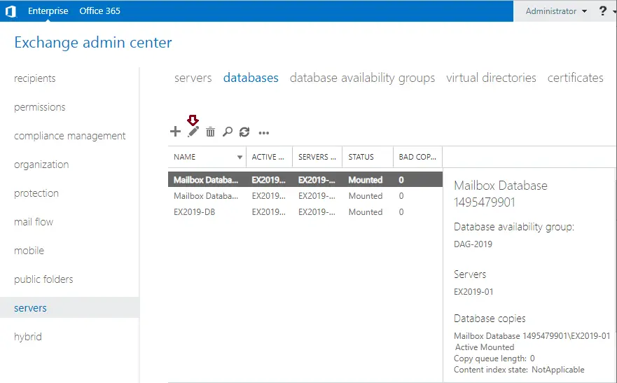 Exchange admin center databases