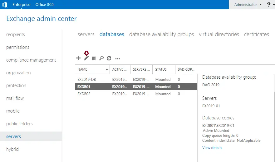 Exchange admin center databases