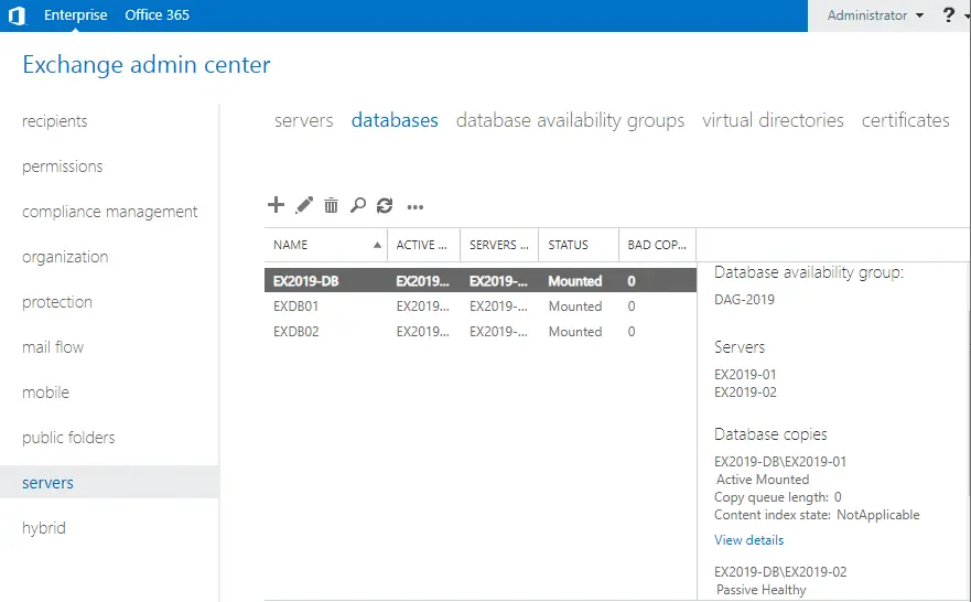 Exchange admin center databases