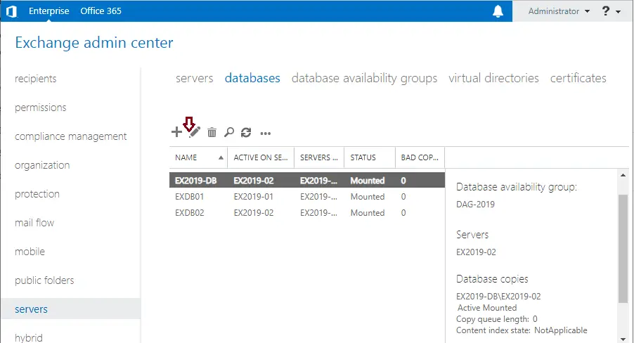 Exchange admin center databases