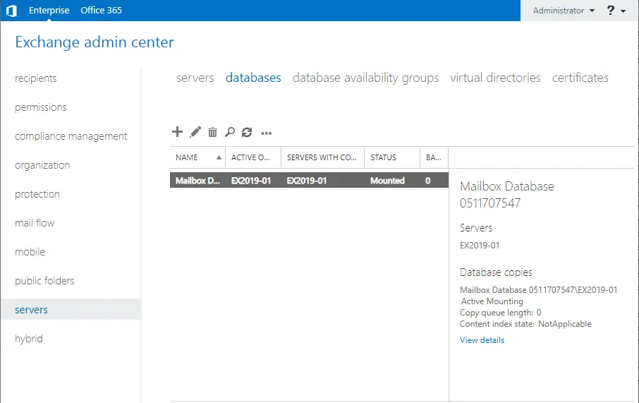 Exchange admin center databases