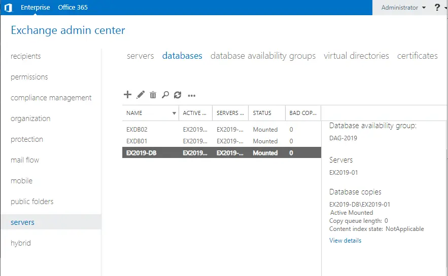 Exchange admin center databases