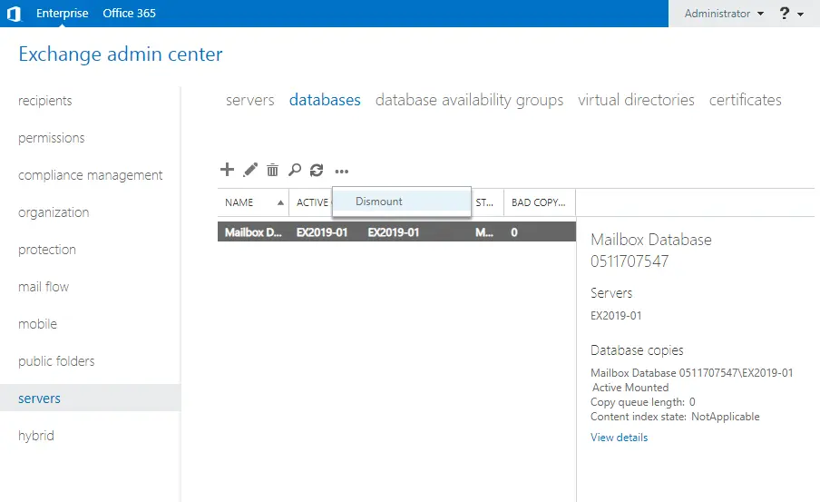 Exchange admin center dismount database