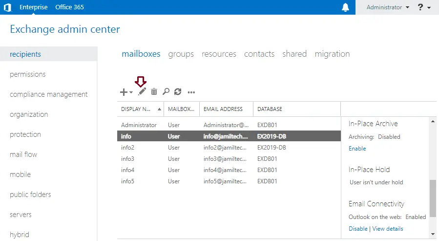 Exchange admin center mailboxes