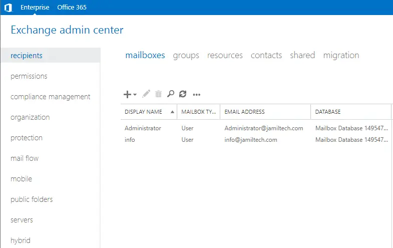 Exchange admin center mailboxes