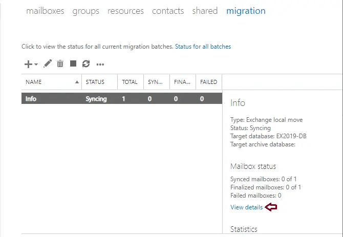 Exchange admin center migration tab