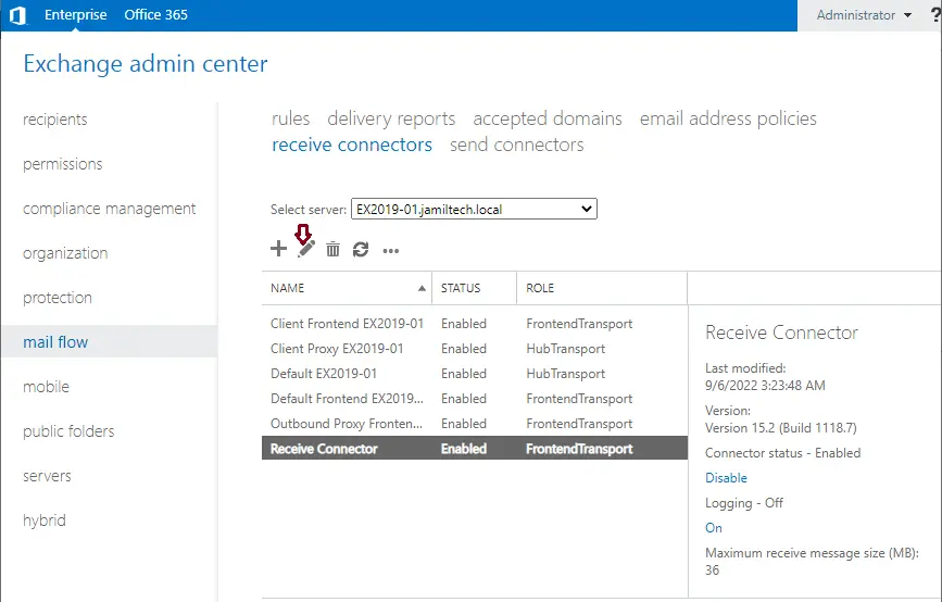 Exchange admin center receive connector