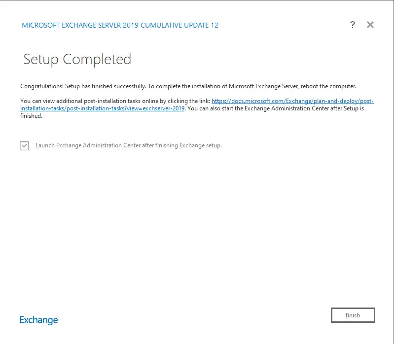 Exchange server 2019 setup completed