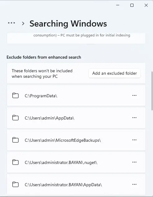 Exclude folders from enhanced search