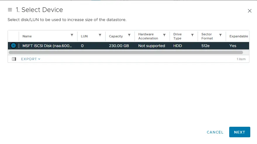 Expand VMFS datastore select device