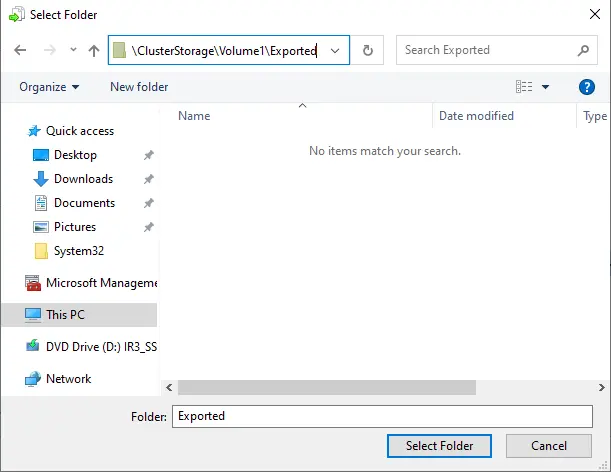 Export VM select folder