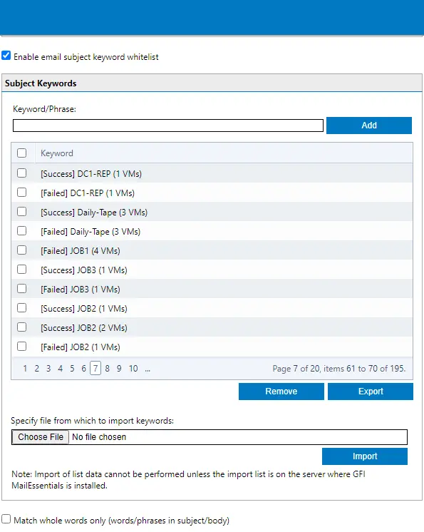 Export Whitelist subject keywords GFI Mailessentials