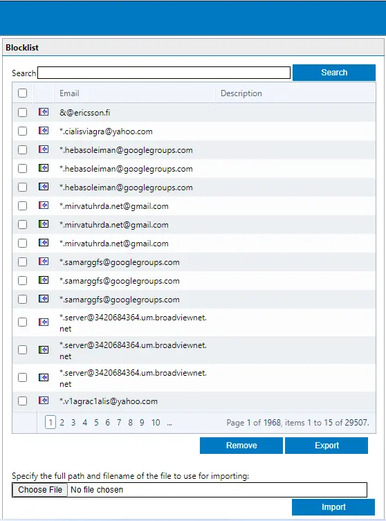 Export import email blocklist GFI