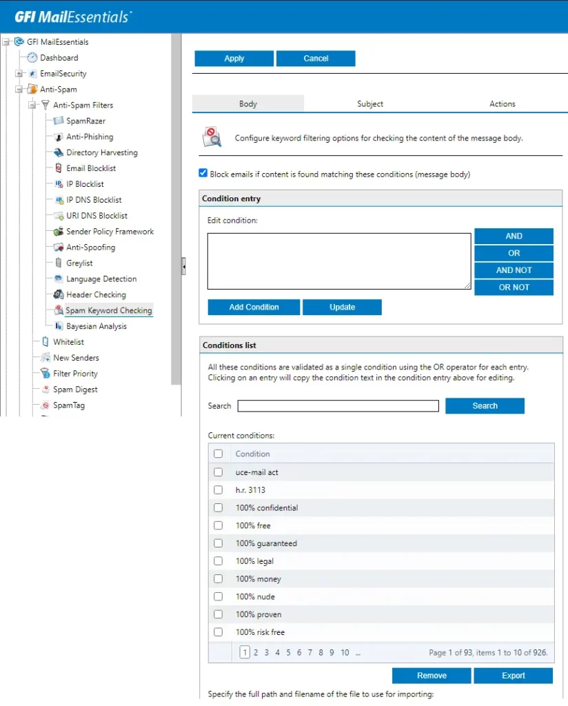 Export import spam keyword checking GFI