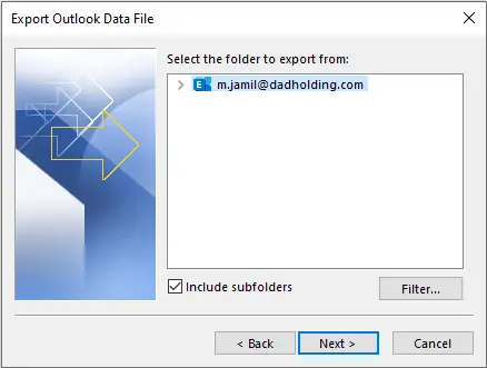 Export outlook data file