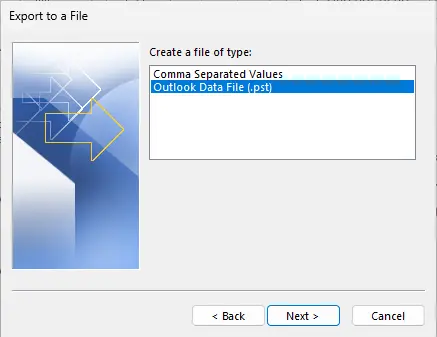 Export to a file outlook data file