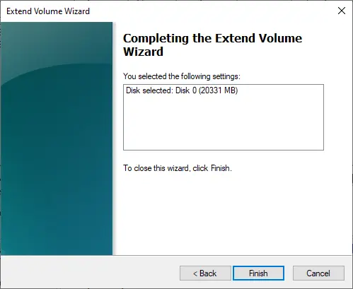 Extend volume wizard completed