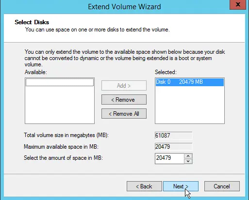 Extend volume wizard disks