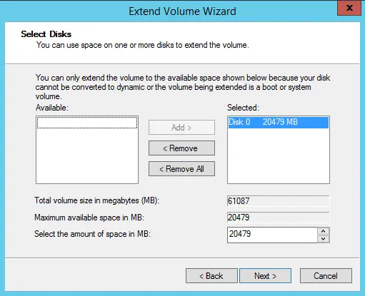Extend volume wizard select disk