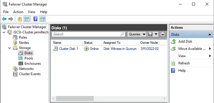 Failover cluster manager disks