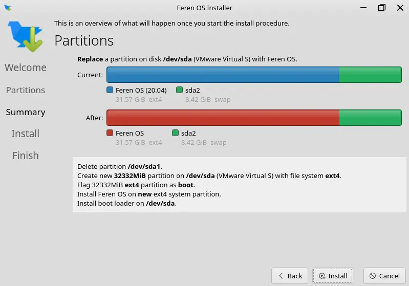 Feren OS installer summary