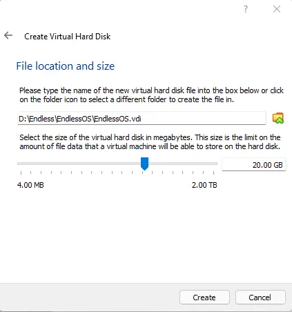 File Location and Size virtualbox