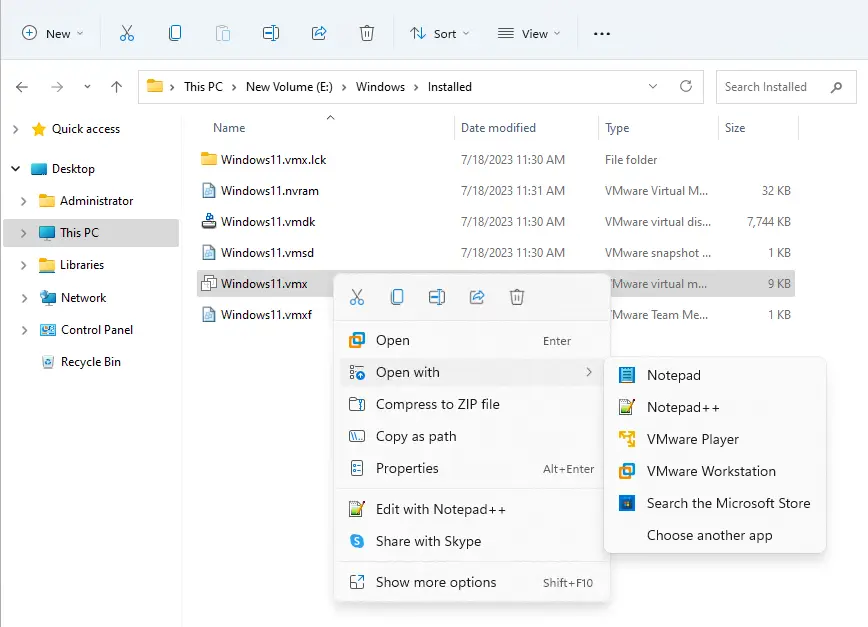 File explorer .vmx file