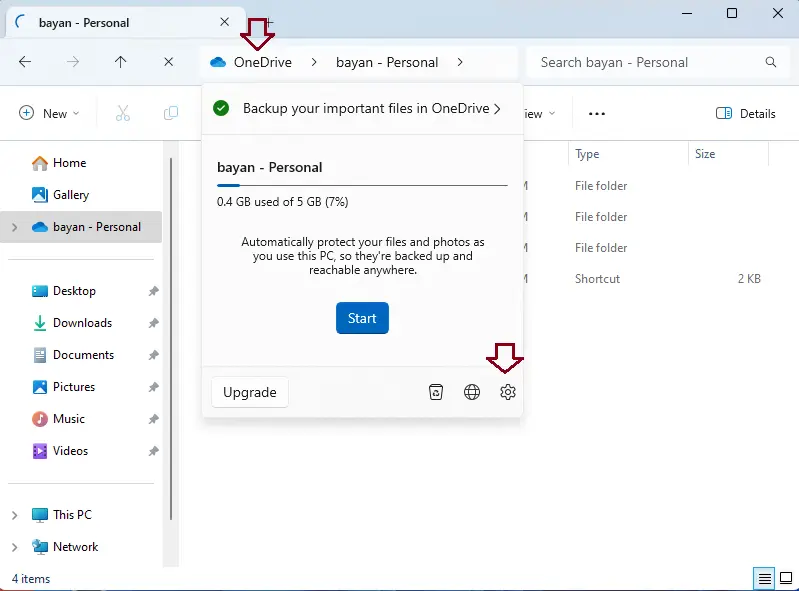 File explorer OneDrive settings