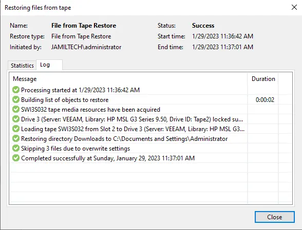 File from tape restore success